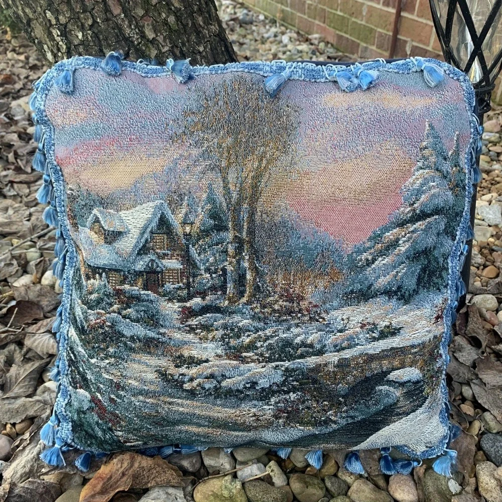 Winter‎ Cabin Tapestry Throw Pillow Winter Scene Home Decor Blue Tassels Holiday